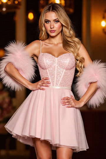 Sparkly Blush Corset Homecoming Dress With Feathers